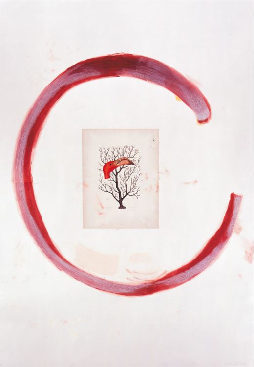 Julian Schnabel Flamingo II 1991 Etching, aquatint, printed over collage, on rag paper, 198 x 137 cm (78 x 54"). Edition of 48, signed and numbered.