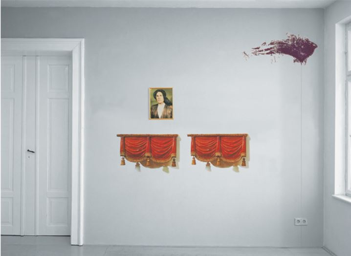 Julian Schnabel: 'Lost Relative', 1998, Multimedia wall painting. Photosilkscreen on acetate, framed photograph, silkscreen, and pencil line on the wall. Acetates 70 x 98 cm (27½ x 38¼ ") ea., photo, size: 41 x 30,5 cm (16 x 12"), silkscreen mark 104 x 46 cm (41 x 18"); overall installation size variable. Limited to 12 installations, with a signed and numbered certificate.