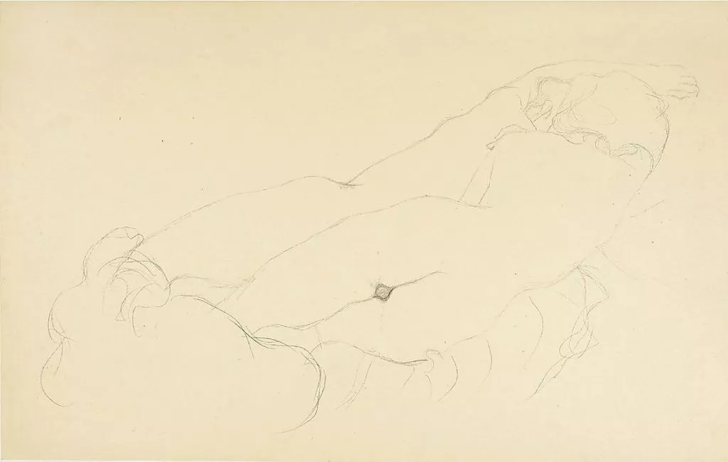 Gustav Klimt, ZWEI LIEGENDE RÜCKENAKTE, 1905/06 Bleistift auf chamoisfarbenem Simili-Japanpapier, 349 x 551 mm Studie für das Gemälde ‚Wasserschlangen II’, 2. Zustand (1907)