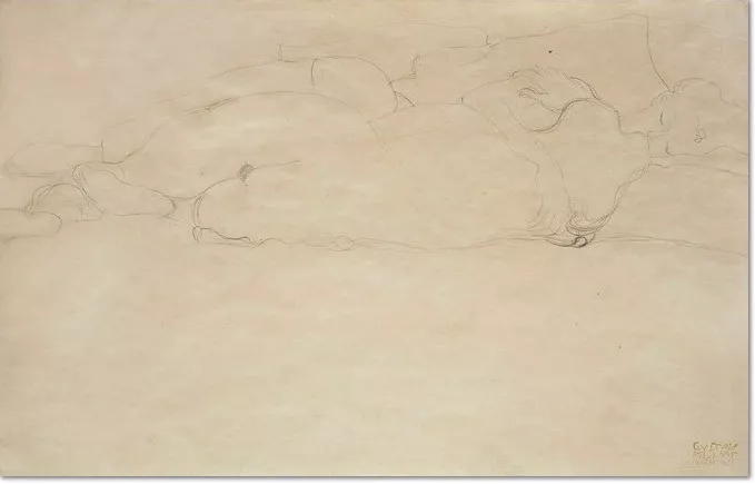 Gustav Klimt, Freundinnen in Umarmung, ,1905/06, Bleistift auf Papier, 345 x 550 mm, Nachlassstempel rechts unten Studie zu „Wasserschlangen II“ (2. Zustand, 1907)