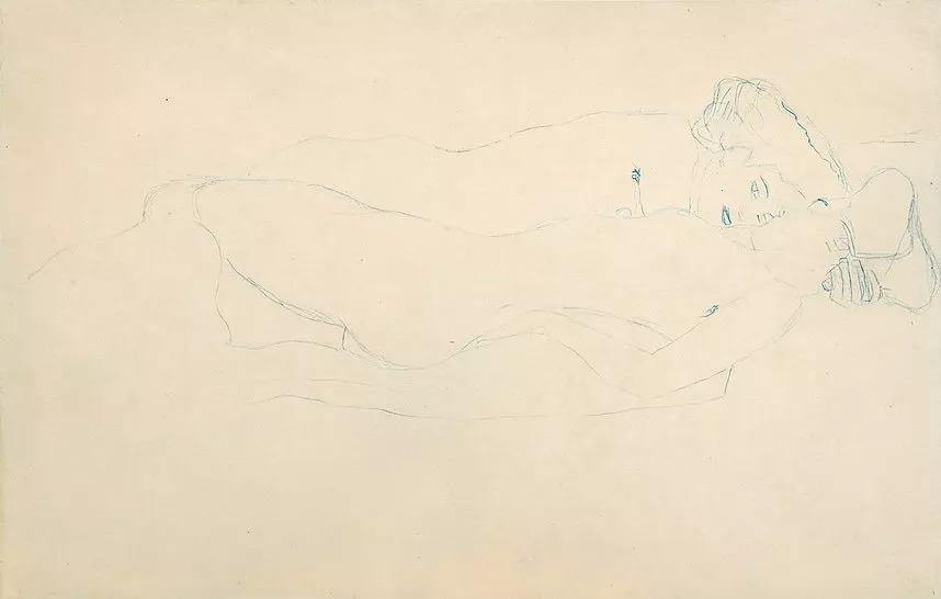 Gustav Klimt Freundinnen nach rechts liegend, 1905/06, Studie für das Gemälde ,Wasserschlangen II’, 2. Zustand 1907 Blauer Farbstift auf Papier
