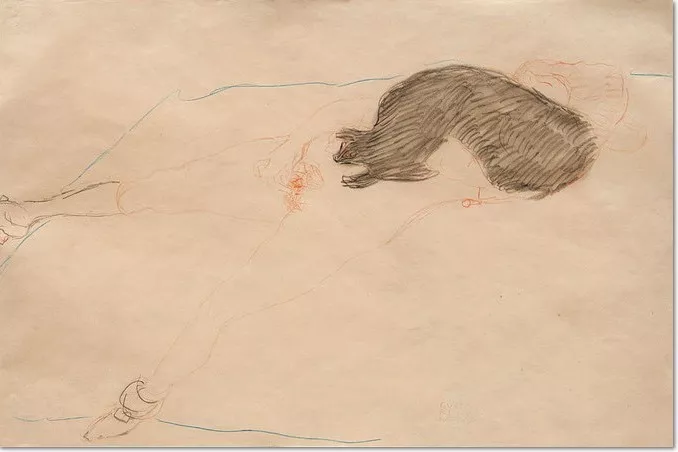 Gustav Klimt NACH RECHTS LIEGENDER AKT MIT PELZ, 1910, Bleistift, blauer und roter Farbstift auf Papier, 370 x 560 mm