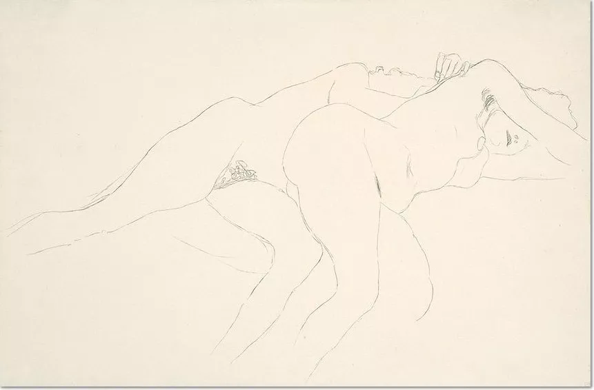 Gustav Klimt Zwei Liegende Akte nach rechts, Studie für das Gemälde ,Wasserschlangen II’, 2. Zustand 1907 Bleistift auf Papier