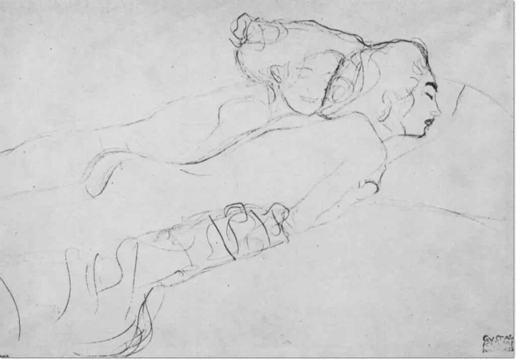 Gustav Klimt, Zwei auf dem Bauch liegende weibliche Akte, 1906, Roter Farbstift, auf Papier, Figurenstudien zum Gemälde »Wasserschlangen«, Wien, Österreichische Galerie