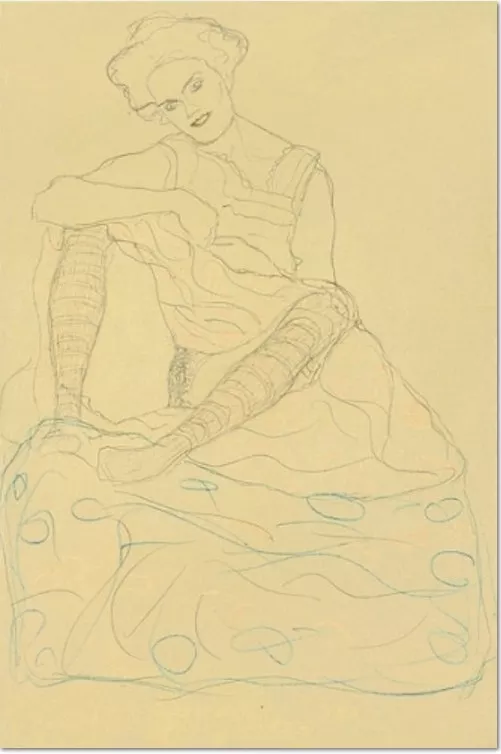 Gustav Klimt, Halbakt mit gegraetschten Beinen sitzender Halbakt, 1910
