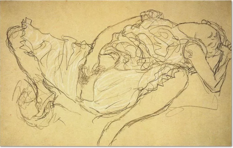 Gustav Klimt, Liegende Frau in Dessous, Graphit und weiss auf Papier, 1916-17, Leopold Museum, Wien