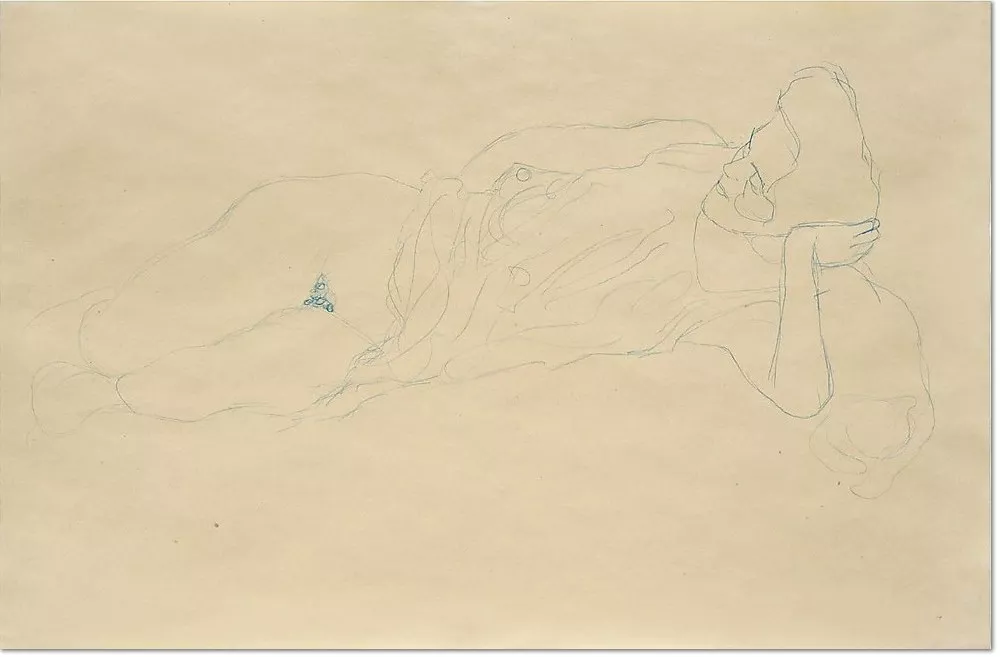 Gustav Klimt, AUFGESTÜTZT LIEGENDE MIT HOCHGERAFFTEM KLEID, 1908/09, Blauer Farbstift auf Papier, 368 x 557 mm Verso: STEHENDE MIT ERHOBENEM LINKEN ARM, 1906/07 Roter Farbstift auf Papier, 368 x 557 mm Verso: Nachlassstempel
