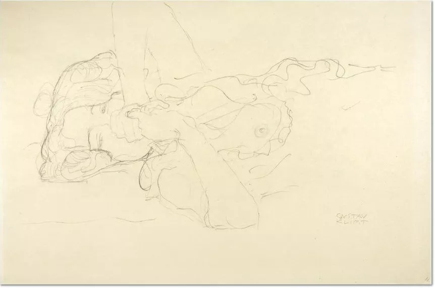 Gustav Klimt,. LIEGENDE MIT ANGEWINKELTEN ARMEN, 1916/17 Bleistift auf chamoisfarbenem Simili-Japanpapier, 372 x 565 mm Signiert rechts unten: GUSTAV | KLIMT Die Zeichnung wird in den Nachtrag des Klimt–Werkverzeichnisses von Marian Bisanz–Prakken / Albertina, Wien aufgenommen.