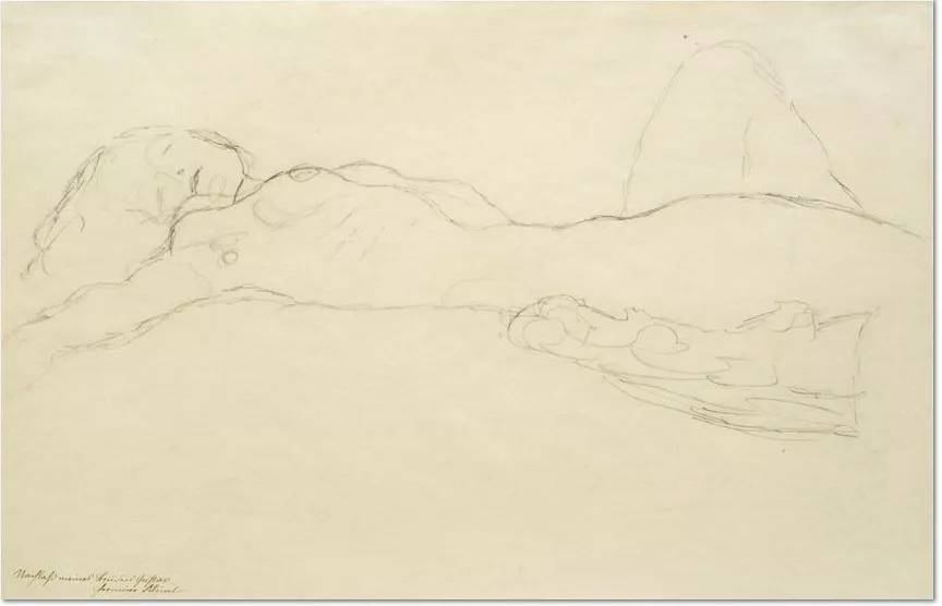 Gustav Klimt: 'Liegender Akt nach links, das linke bein aufgestellt, 1916/17, Bleistift auf chamoisfarbenem Simili-Japanpapier