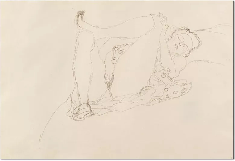 Gustav Klimt, Liegender Halbakt nach rechts, 1914/15, Buntstifte auf Papier