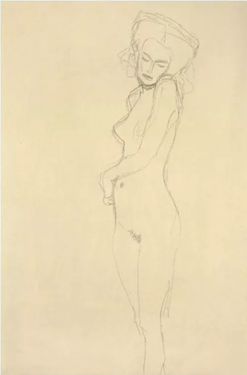 Gutav Klimt: 'Nach vorne stehender Akt' 1907, schwarze Kreide auf Papier