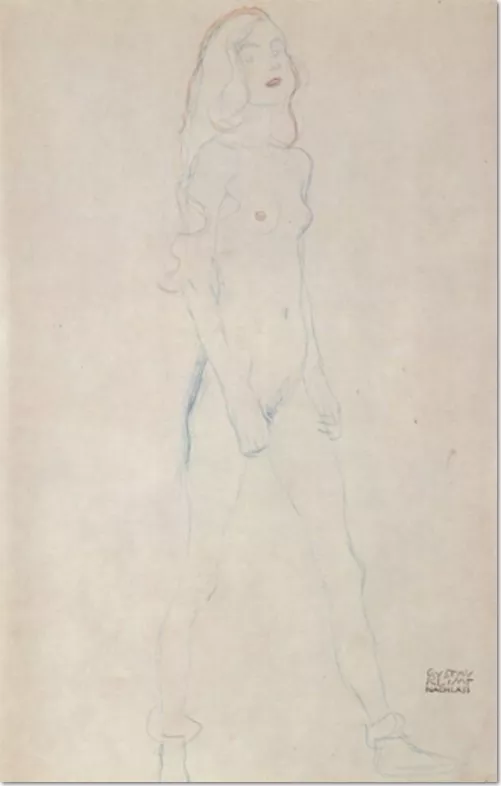 Gustav Klimt, Schreitender Mädchenakt, 1912, Buntstifte auf Papier