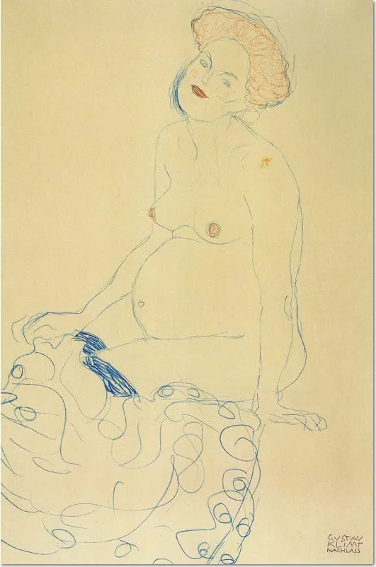 Gustav Klimt, Schwangere Frau nach rechts schauend, 1910, Buntstift auf Paipier