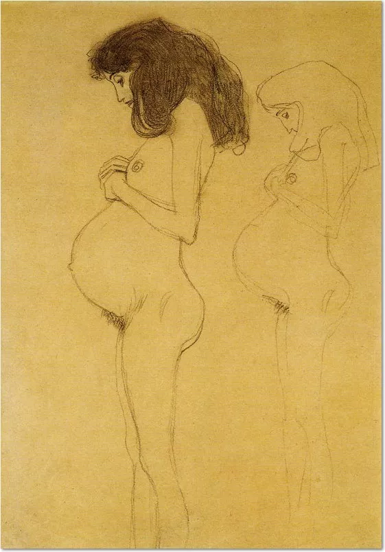 Gustav Klimt, ca. 1902, Stehende Schwangere im Profil, mit Wiederholung der Figur Studie für Die Hoffnung , Schwarze Kreide