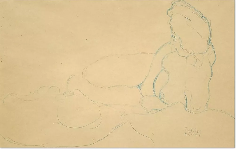 Gustav Klimt: 'WEIBLICHER AKT, AUFGESTÜTZT LIEGEND' 1908/09, Blauer Farbstift auf Papier, 37 x 56 cm