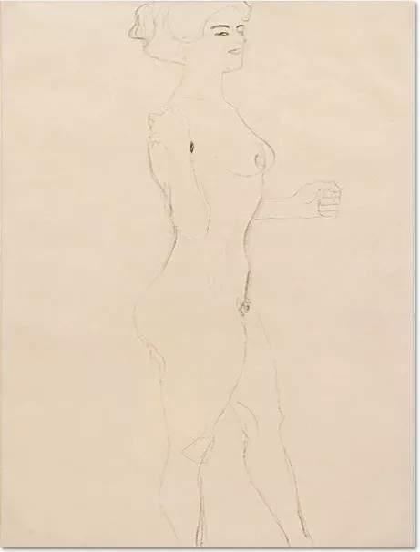 Gustav Klimt, NACH RECHTS SCHREITENDER MÄDCHENAKT, 1906/07 Bleistift auf Papier, 560 x 368 mm