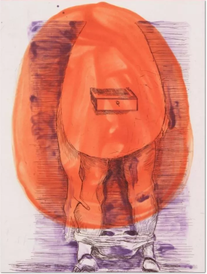 Martin Kippenberger, Eierfrau, 1996 Aquatinta, Radierung Motiv: 39,5 x 29,5 cm Papier: 57 x 44 cm Auflage von 24 + 6 AP