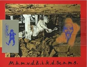 Martin Kippenberger (1953-1997): Mutti hol mich von der Zeche, ich kann das Schwatte nicht mehr sehn, 1983, Collage mit einer bedruckten grauen Kunststoffplatte und einer bedruckten Plexiglasplatte auf Serigrafie in Gold, Schwarz, Grau und Rot/Karton, 61 x 80 cm