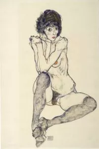 Egon Schiele, Sitzender weiblicher Akt mit aufgestützten Ellbogen, 1914, Bleistift, Deckfarben, auf Japanpapier (Albertina, Wien)