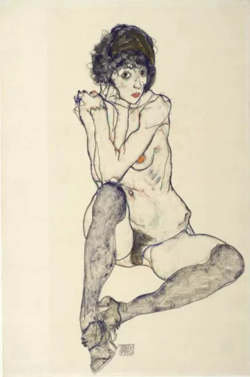 Egon Schiele, Sitzender weiblicher Akt mit aufgestützten Ellbogen, 1914, Bleistift, Deckfarben, auf Japanpapier (Albertina, Wien)