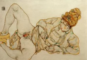 Egon Schiele: “Liegende Entblößte”, 1916. (In Zusammenhang mit dem Bild “Liegende Frau”). Gouache, Wasserfarbe und Bleistift auf Papier, 30,8 × 44,5 cm. Hier angeboten als Kunstdruck