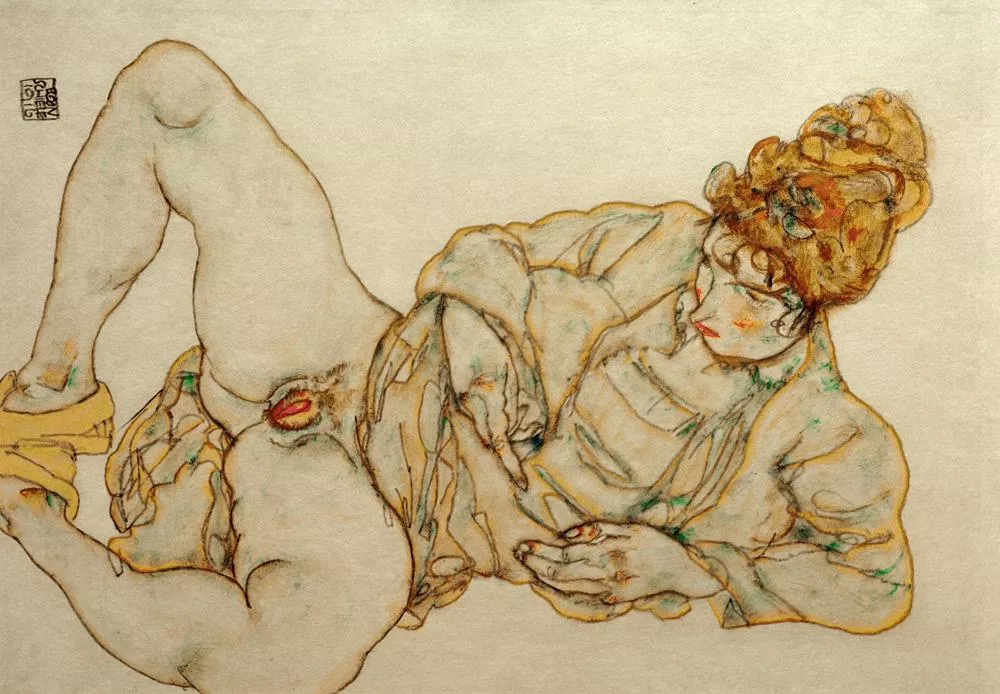 Egon Schiele: “Liegende Entblößte”, 1916. (In Zusammenhang mit dem Bild “Liegende Frau”). Gouache, Wasserfarbe und Bleistift auf Papier, 30,8 × 44,5 cm. Hier angeboten als Kunstdruck 