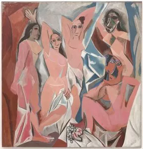 Pablo Picasso - Les Demoiselles d'Avignon (The Young Ladies of Avignon, and originally titled The Brothel of Avignon)[2] is a large oil painting created in 1907 by the Spanish artist Pablo Picasso (1881–1973). The work portrays five nude female prostitutes from a brothel on Carrer d'Avinyó (Avinyó Street) in Barcelona.