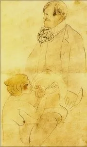 Pablo Picasso:”Isidre Nonell avec une femme”, Barcelona, [January~Late-October]/1902 [~1903]. Pen, sepia ink & watercolor on yellowish paper. 24,8 x 16 cm. Musee Picasso, Barcelona