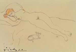 Pablo Picasso - Femme nue au chien signed 'Picasso' (lower left) pen and brown ink and colored wax crayons on card 3 5/8 x 5 ¼ in. (9.1 x 13.3 cm.) Drawn in Barcelona in 1902