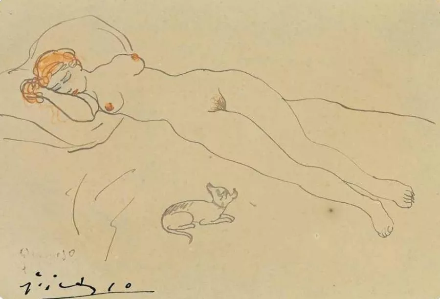 Pablo Picasso - Femme nue au chien signed 'Picasso' (lower left) pen and brown ink and colored wax crayons on card 3 5/8 x 5 ¼ in. (9.1 x 13.3 cm.) Drawn in Barcelona in 1902