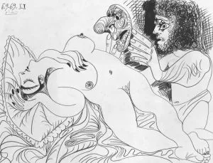 Pablo Picasso - Nu Couché et Homme au Masque, 1969, Reclining Nude and Man with Mask, Graphite pencil on paper, 50 x 65.5 cm.