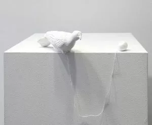 Kiki Smith: Bird and Egg 1996, 2 parts plaster and cord, edition of 100, signed and inscribed in the enclosed certificate; bird: 10.2 x 21 x 6.4 cm, egg: 4.1 x 3.5 cm; total size: variable.