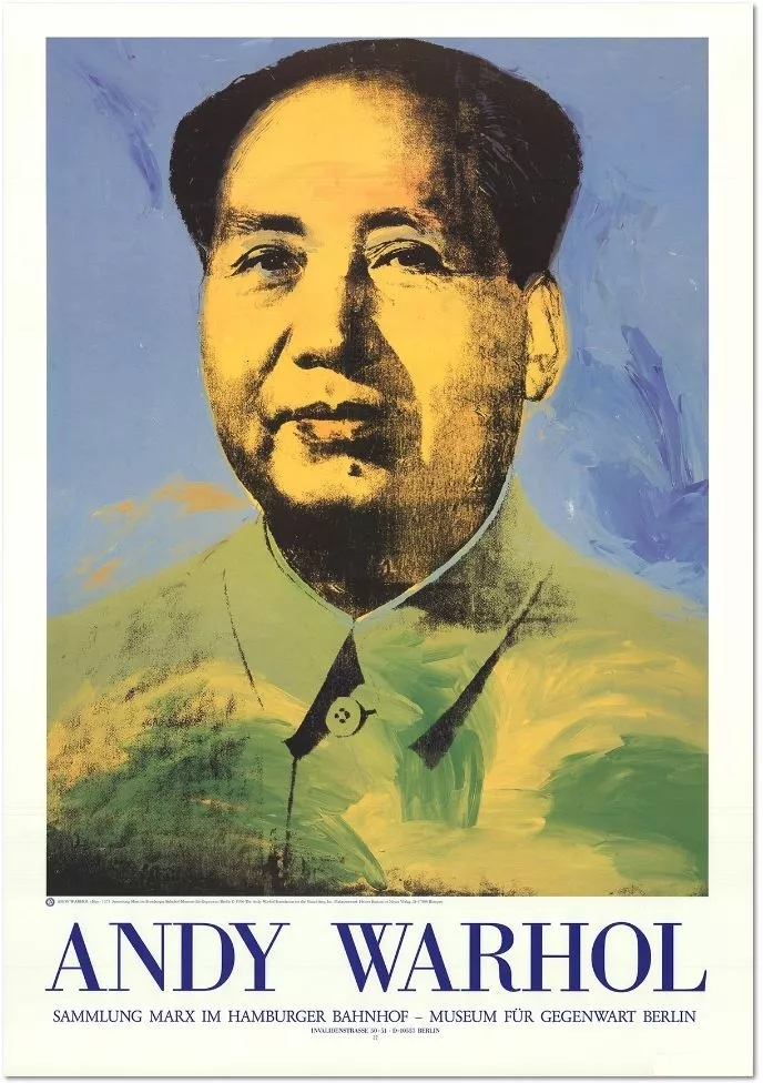 Andy Warhol: Mao, 1996, Offset lithograph, exhibition poster, Image Size: 30.5 x 23.25 in / 77,5 x 59,0 cm, paper Size: 59 x 27 in / 99 x 68,5 cm. Condition A-: Near Mint, very light signs of handling. The copyright for this poster starts in 1996 and belongs to the Andy Warhol Foundation for the Visual Arts. The poster was created in 1996, coinciding with the re-opening of the Hamburger Bahnhof, Museum, Berlin, after it's renovation.