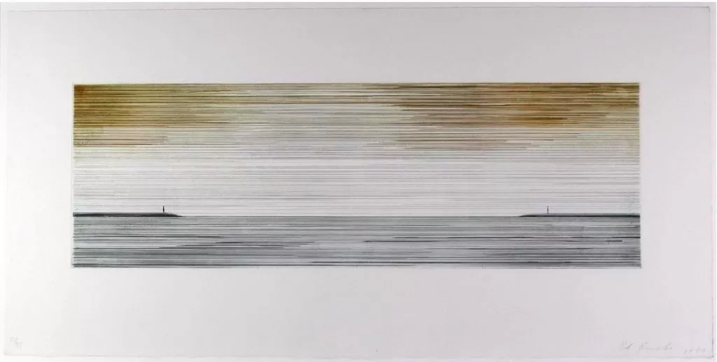 Edward Ruscha Two People Temporarily Separated 1980, 49.5 x 99 cms (19.5 x 39 ins) Edition of 55 Paper: R.K.Burt paper: cut, torn, and deckle edges Proofs: 5 AP Inscriptions: Signed and dated in pencil lower right,