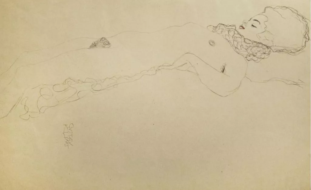 Gustav Klimt. Female Nude Lying with Scarf - 1910s , pencil on paper