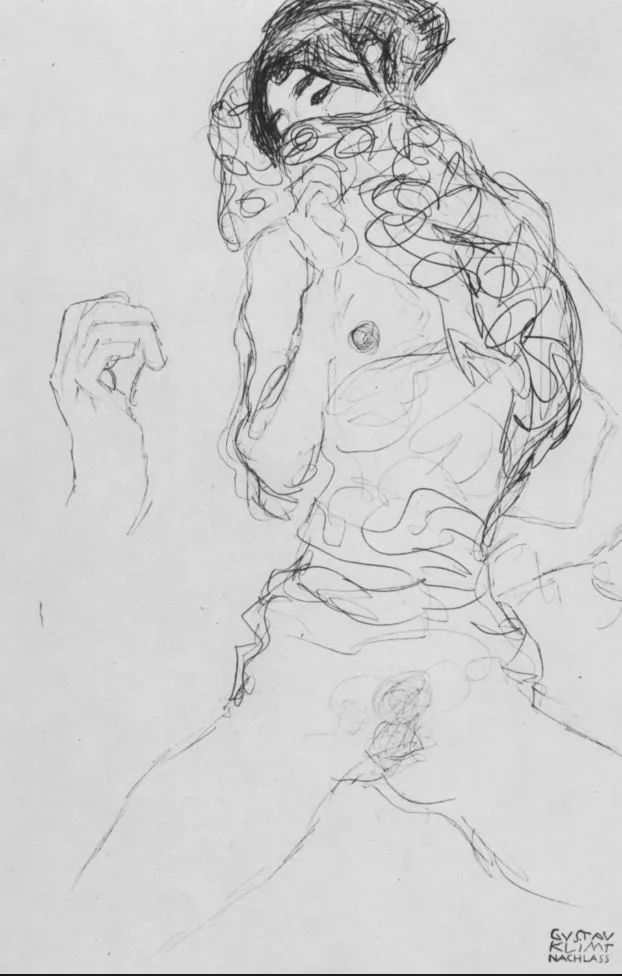 Gustav Klimt: 'Halbakt mit teilweise verdecktem Gesicht und Handskizze / Semi-Nude with partly hidden Face and Hand Sketch', 1916