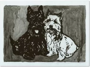 Peter Doig : ‘Double Dog’, 2012, etching, aquatinta, monogrammed, numbered and dated, edition of 20, picture size : 25.6 x 36.5, total size : 30 x 40 cm.