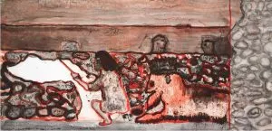 Peter Doig . Painting A Cloud On A Wall, 2016, Etching with gravure,aquatint, spitbite, open bite and hardground printed on Arches En Tout Cas paper. Paper: 23 1/2 x 36 inches 59.7 x 91.4cm