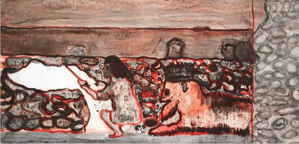 Peter Doig . Painting A Cloud On A Wall, 2016, Etching with gravure,aquatint, spitbite, open bite and hardground printed on Arches En Tout Cas paper. Paper: 23 1/2 x 36 inches 59.7 x 91.4cm