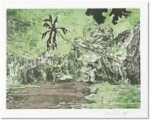Peter Doig: “Black Palm”, 2004, Etching and aquatint in colors, signed and dated in pencil, numbered from the edition of 119. Printed on wove paper (Zerkall-Bütten, 250g/qm). Total size: 53 x 38 cm, image size: 14,6 x 19,5 cm, published by Griffelkunst, Hamburg.