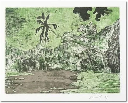 Peter Doig: “Black Palm”, 2004, Etching and aquatint in colors, signed and dated in pencil, numbered from the edition of 119. Printed on wove paper (Zerkall-Bütten, 250g/qm). Total size: 53 x 38 cm, image size: 14,6 x 19,5 cm, published by Griffelkunst, Hamburg.