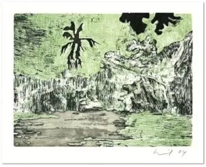 Peter Doig: “Black Palm”, 2004, Etching and aquatint in colors, signed and dated in pencil, from the edition of 119. Printed on wove paper (Zerkall-Bütten, 250g/qm). Total size: 53 x 38 cm, image size: 14,6 x 19,5 cm, published by Griffelkunst, Hamburg.