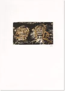 Henry Moore: Two heads, 1973, Original Lithograph in 3 colors, signed with the artist's monogram in pencil, extracted from the book 