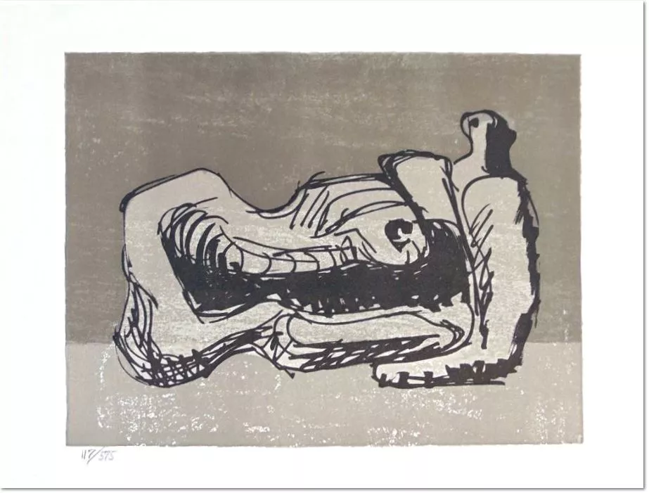 Henry Moore: Reclining Figure, 1975, Lithograph on Arches Wove Paper, hand numbered in pencil, from the edition of 575 at the lower left margin, edition of 575 produced for the book ‘Hommage à San Lazzaro’, there was also a deluxe edition of 75 signed and numbered impressions. It was printed by Curwen Prints, London and published by Société Internationale d’Art XX Siècle, Paris in 1975. Paper size: 28.6 x 38.4 cm. / 11.3 x 15.1 in. Image size: 21.3 x 28.3 cm. / 8.4 x 11.1 in. Literature: Cramer, G., Grant, A., & Mitchinson, D. (1973). Henry Moore: Catalogue of the Graphic Work 1931-1972. Geneva: Gérald Cramer Éditeur Reference: Cramer 366