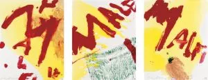 Julian Schnabel Malfi 1998 From the portfolio Sequences Three silkscreens, printed in five to seven colors on primed Rising museum board, each handworked with monotype and poured resin. Each print 50 x 40 cm (19¾ x 15¾