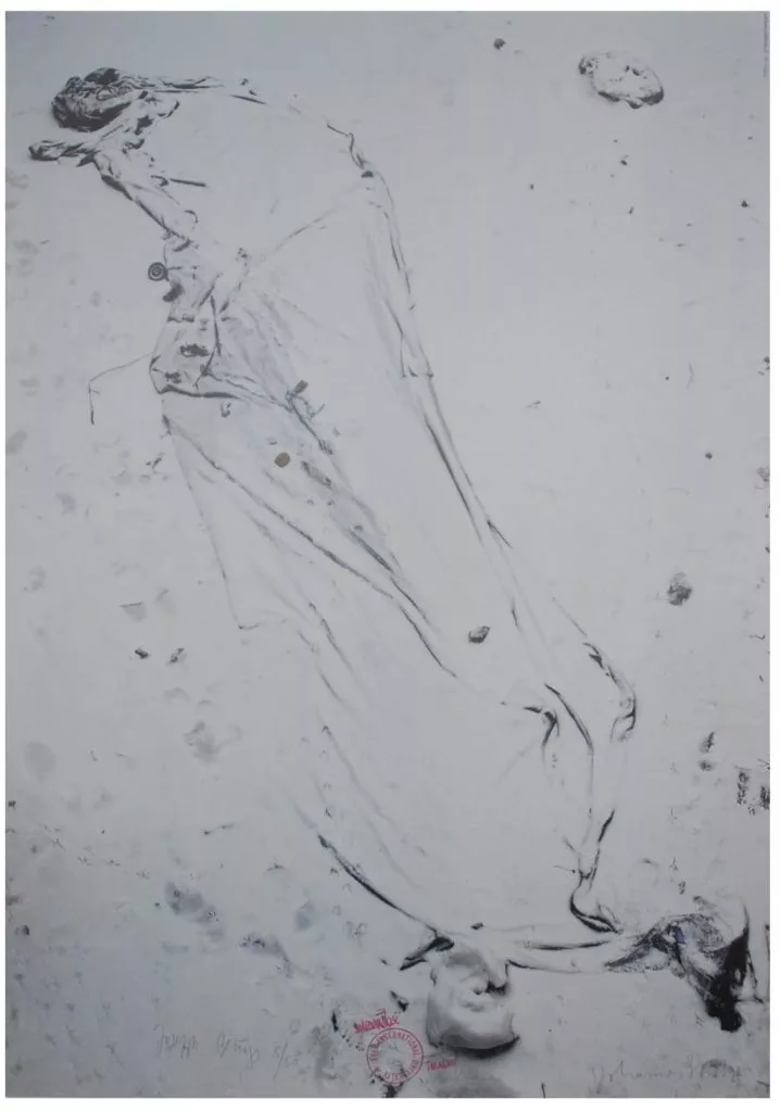 Joseph Beuys - Solidarnosc incarnat (Hungertuch) Werkverzeichnis: Schellmann 376 Farboffset 1981 handsigniert, nummeriert und betitelt ( von allen drei Künstlern signiert) Auflage: 50 in gutem Zustand Blattgröße: 84,0 x 59,5 cm