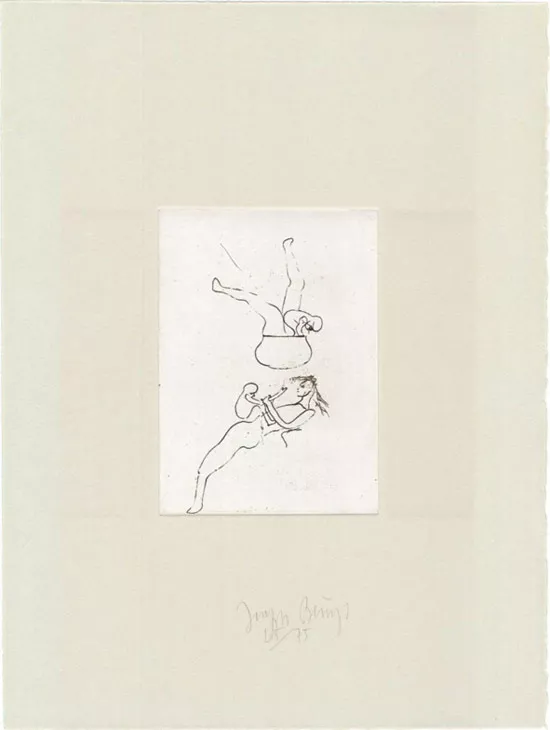 Joseph Beuys. »Zirkulationszeit: Topfspiel«. Normalausgabe. Radierung, Schellmann 424. Ed. Grafos Vaduz. 15,7 x 11,5 cm (Platte) auf 38 x 28,5 cm (Blatt), Rives gris, handsigniert, nummeriert, Aufl. 75 Expl.