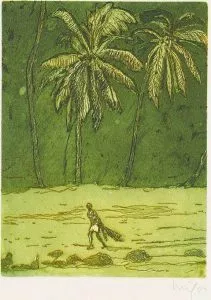 Peter Doig: ‘Untitled/ Pelican’, 2004, Etching and aquatint in colors, signed and dated in pencil, numbered from the edition of ca. 150. Printed on wove paper (Zerkall-Bütten, 250g/qm). Total size: 53 x 38 cm/21″ x 15″, image size: 7 11/16″ x 6″ – 19,5 x 14,6 cm, published by Griffelkunst, Hamburg